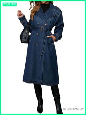 Vintage Double Breasted Mid Long Denim Jacket Jean Trench Coat Belted Duster